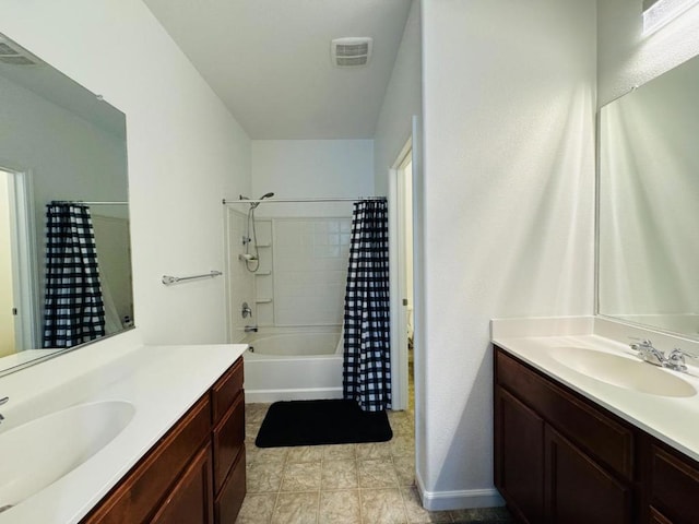 bathroom with shower / tub combo with curtain and vanity