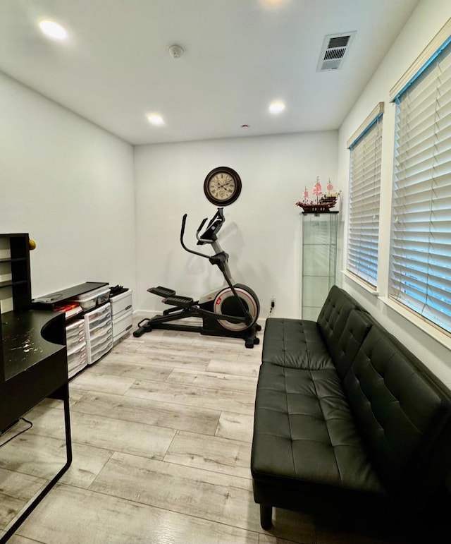 workout area featuring light hardwood / wood-style flooring