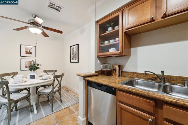 kitchen with dishwasher, ornamental molding, ceiling fan, sink, and light tile patterned flooring