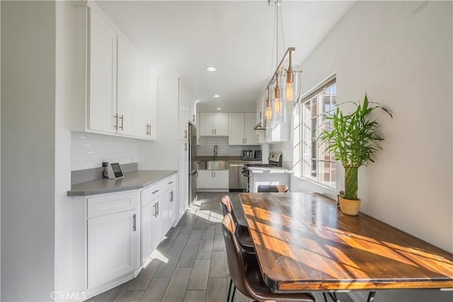 kitchen with stainless steel appliances, decorative backsplash, white cabinetry, and sink