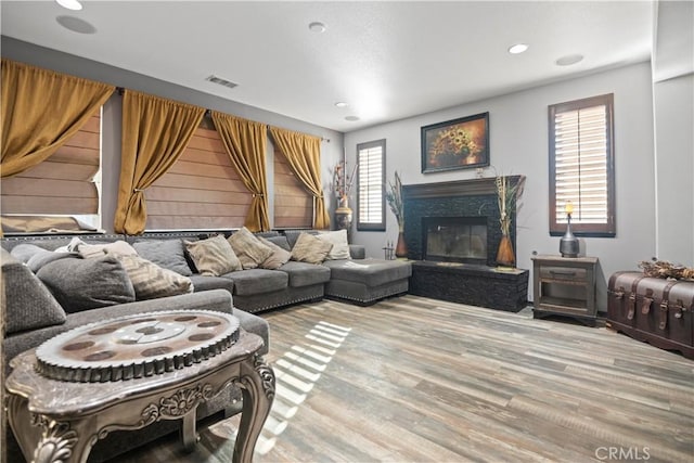 living room featuring a stone fireplace, plenty of natural light, and wood-type flooring