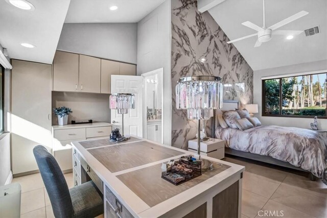 tiled bedroom featuring ceiling fan, high vaulted ceiling, and beamed ceiling