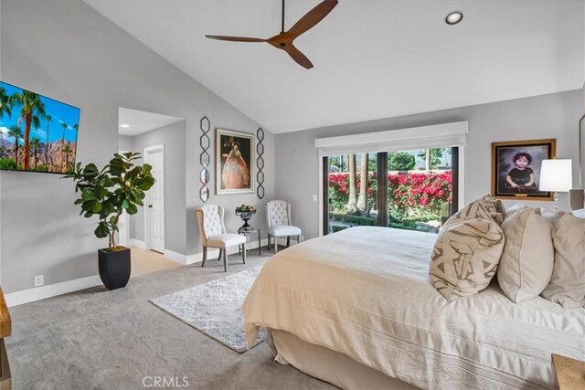 bedroom with ceiling fan, high vaulted ceiling, carpet flooring, and access to exterior