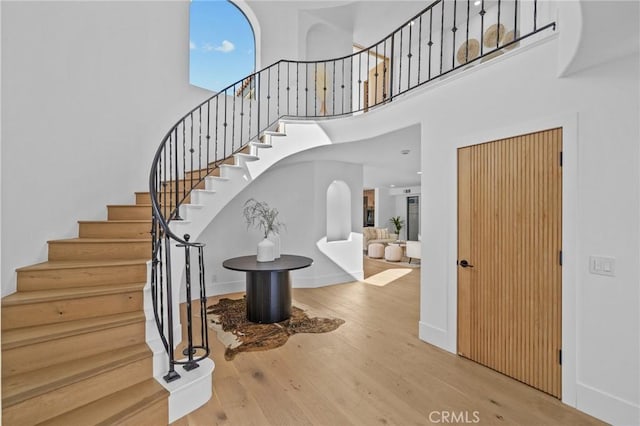 entryway featuring a high ceiling and hardwood / wood-style floors