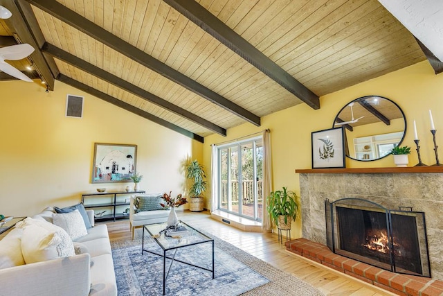 living room featuring wooden ceiling, wood-type flooring, a brick fireplace, and lofted ceiling with beams