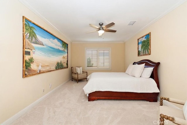 bedroom featuring carpet flooring, baseboards, and ornamental molding