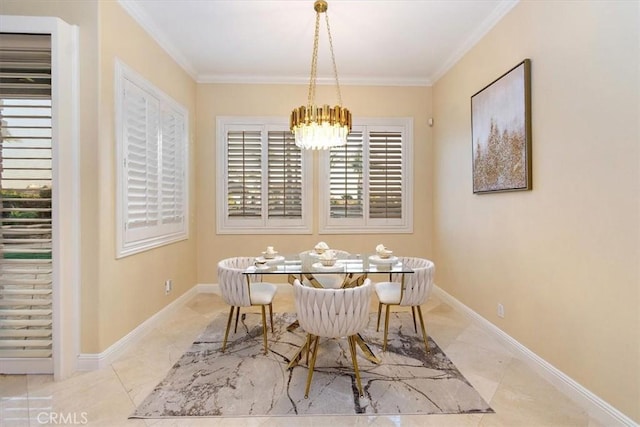 dining room featuring tile patterned flooring, an inviting chandelier, crown molding, and baseboards