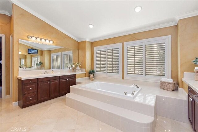 full bath with a garden tub, recessed lighting, crown molding, lofted ceiling, and vanity