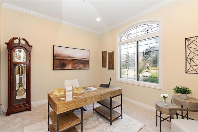 office featuring recessed lighting, baseboards, light colored carpet, and ornamental molding