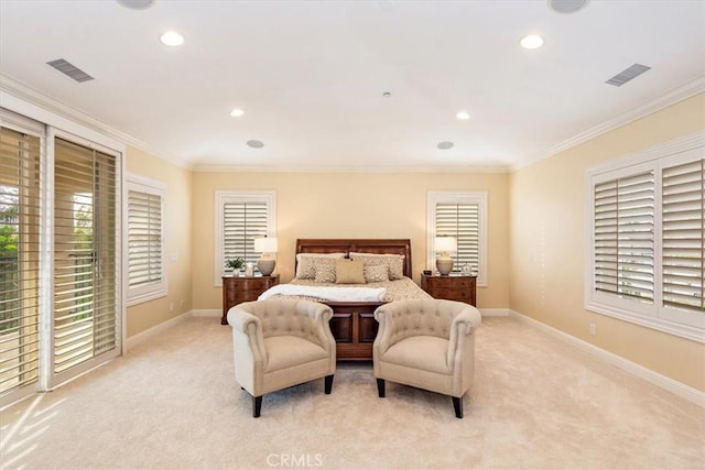 bedroom with crown molding, baseboards, visible vents, and light carpet