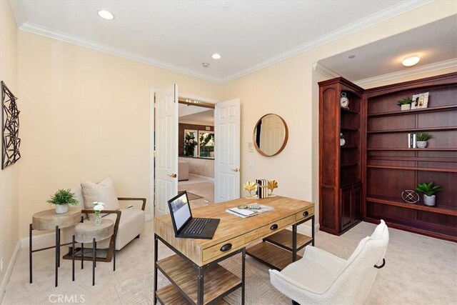 home office featuring light carpet, recessed lighting, baseboards, and ornamental molding