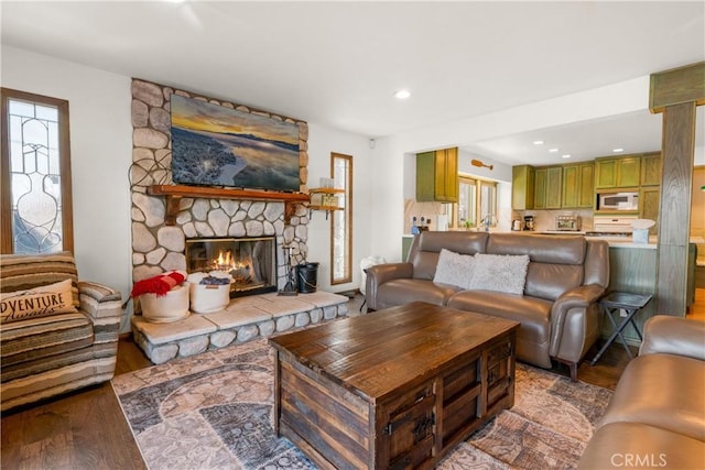 living room featuring hardwood / wood-style flooring and a fireplace