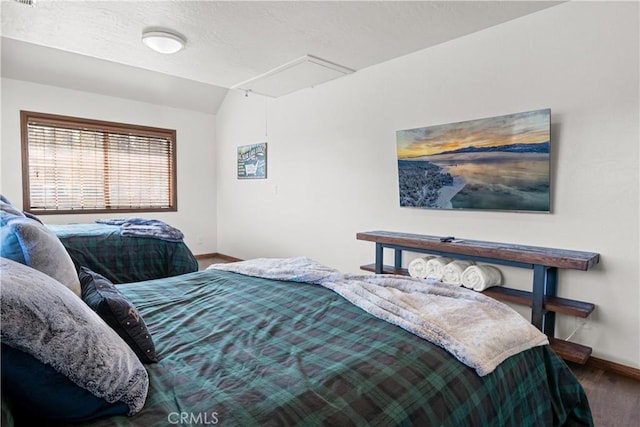 bedroom featuring lofted ceiling and wood-type flooring