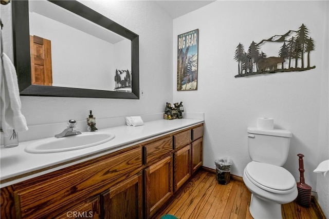 bathroom with toilet, hardwood / wood-style floors, and vanity