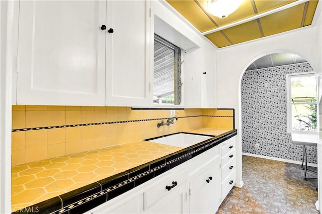 bathroom featuring vanity, a healthy amount of sunlight, and tasteful backsplash