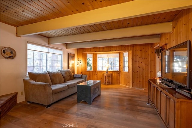 living room with wooden walls, hardwood / wood-style floors, wooden ceiling, and beam ceiling