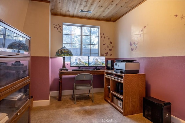 carpeted office featuring crown molding and wooden ceiling