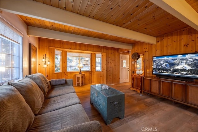 cinema room featuring wood walls, wood ceiling, and beam ceiling