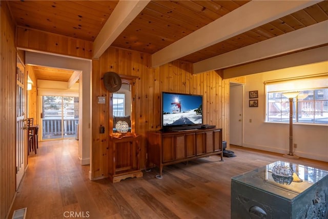 living room featuring wood ceiling, a wealth of natural light, and beamed ceiling