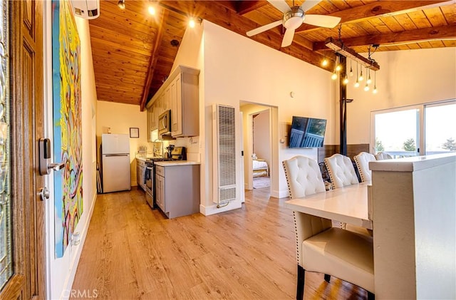 dining space featuring ceiling fan, wooden ceiling, lofted ceiling with beams, and light wood-type flooring