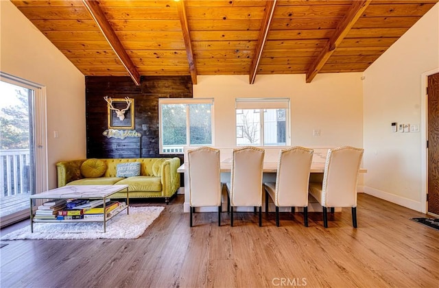 dining space featuring light hardwood / wood-style floors, wooden ceiling, and vaulted ceiling with beams