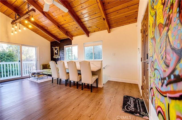 dining area featuring wooden ceiling, ceiling fan, high vaulted ceiling, light hardwood / wood-style flooring, and beamed ceiling