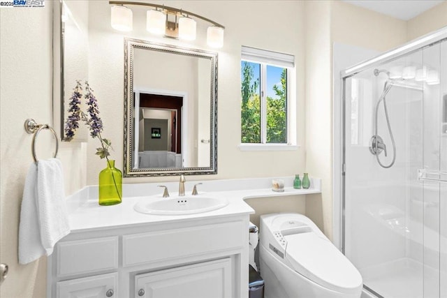 bathroom featuring toilet, walk in shower, and vanity