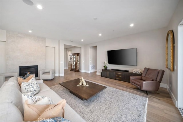 living room featuring a large fireplace and light hardwood / wood-style flooring