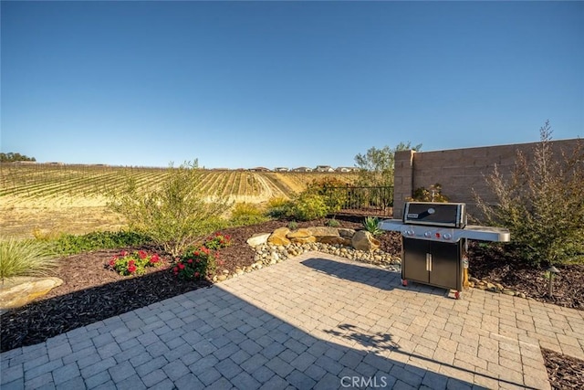 view of patio / terrace featuring a rural view and a grill