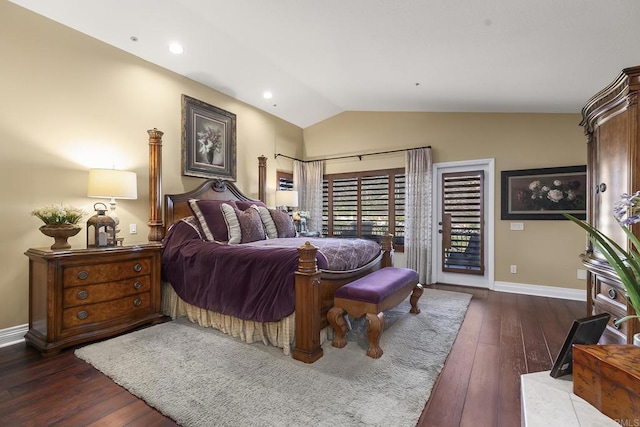 bedroom with dark hardwood / wood-style flooring, vaulted ceiling, and access to exterior