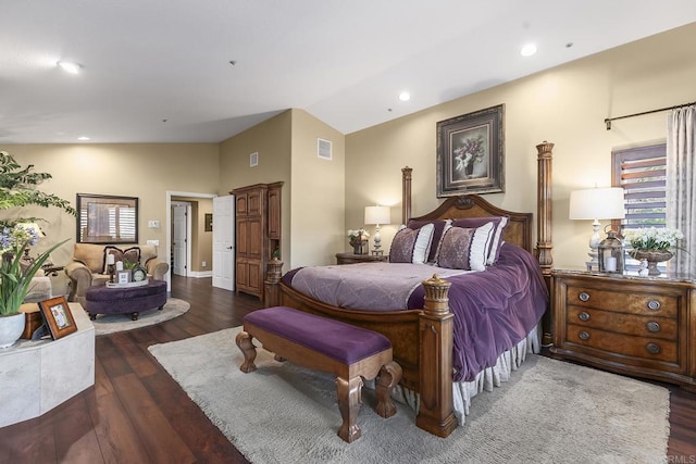 bedroom with dark wood finished floors, visible vents, recessed lighting, and lofted ceiling