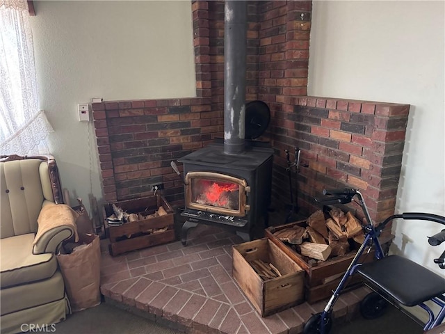 interior details with a wood stove