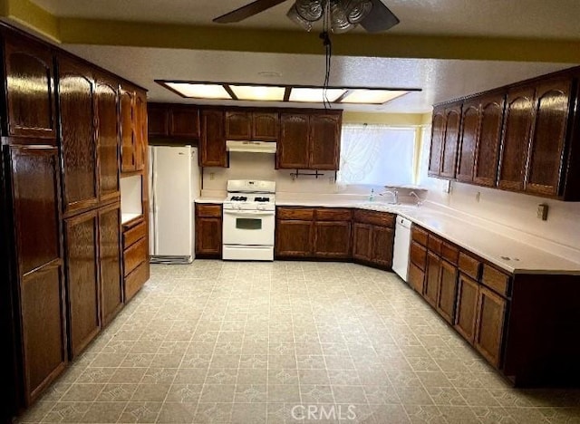 kitchen featuring a sink, white appliances, ceiling fan, light countertops, and under cabinet range hood