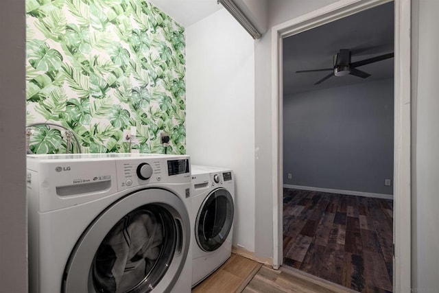 clothes washing area featuring hardwood / wood-style flooring, ceiling fan, and separate washer and dryer