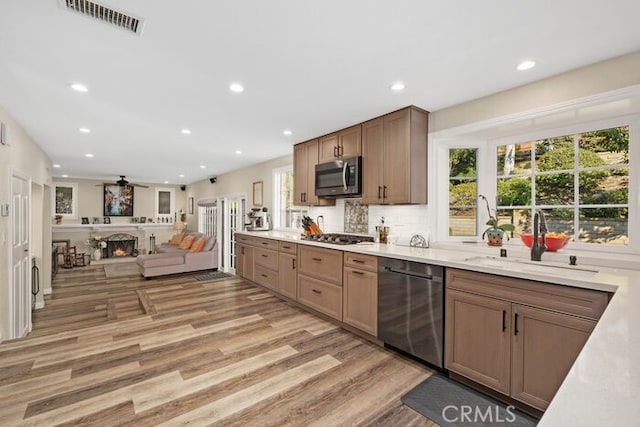 kitchen with a healthy amount of sunlight, sink, stainless steel appliances, and light hardwood / wood-style flooring