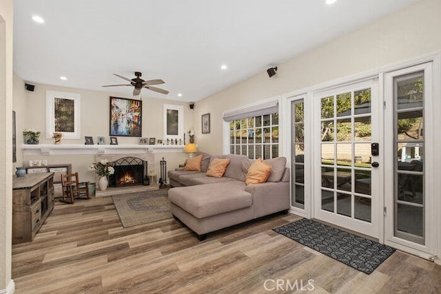 living room featuring ceiling fan and light hardwood / wood-style floors