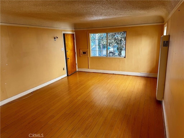 empty room featuring a textured ceiling and light hardwood / wood-style flooring