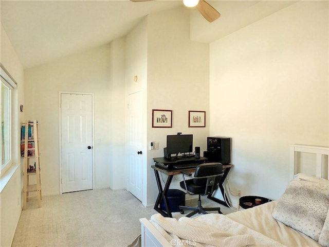 bedroom featuring high vaulted ceiling, ceiling fan, and carpet floors