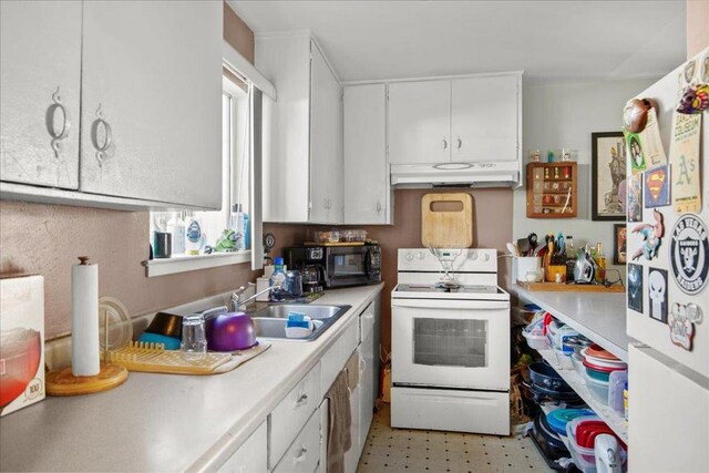 kitchen with white cabinetry, sink, and white appliances