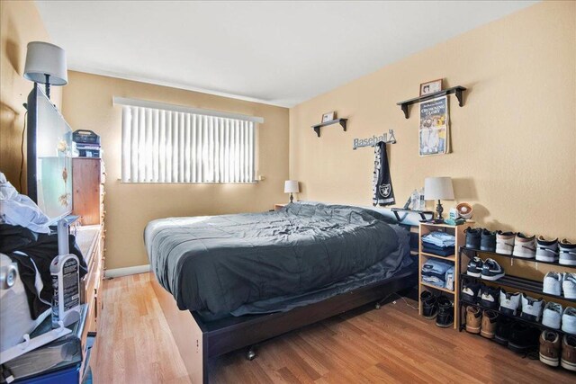 bedroom with hardwood / wood-style flooring