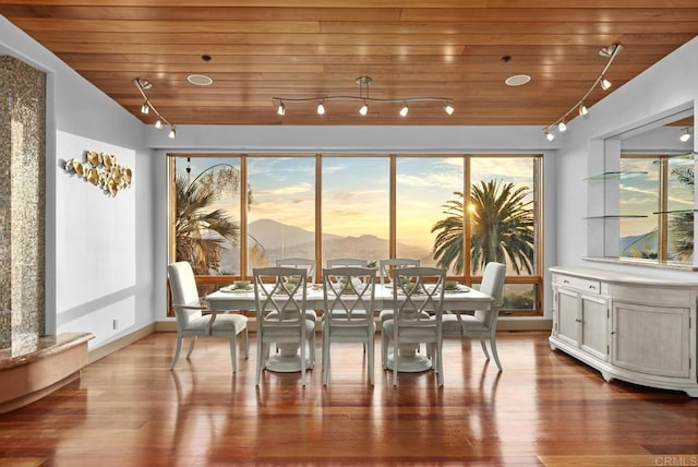 dining area with wood ceiling, light hardwood / wood-style flooring, vaulted ceiling, and a mountain view