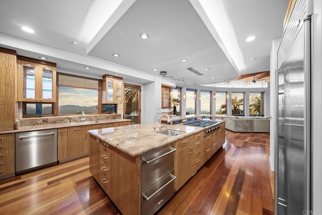 kitchen with sink, stainless steel appliances, a kitchen island with sink, and dark hardwood / wood-style floors