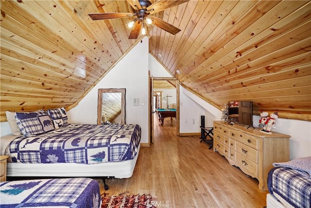 bedroom with ceiling fan, billiards, light wood-type flooring, and wood ceiling