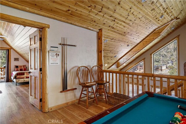 rec room featuring billiards, vaulted ceiling, wood ceiling, and hardwood / wood-style floors