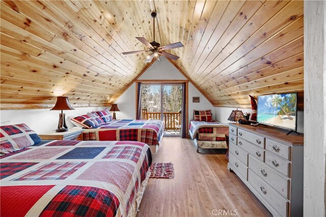 bedroom with light hardwood / wood-style floors, wood ceiling, lofted ceiling, and ceiling fan