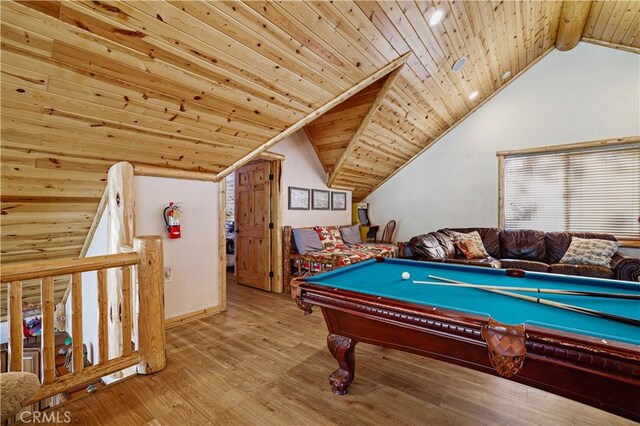 recreation room with light wood-type flooring, wooden ceiling, lofted ceiling with beams, and billiards