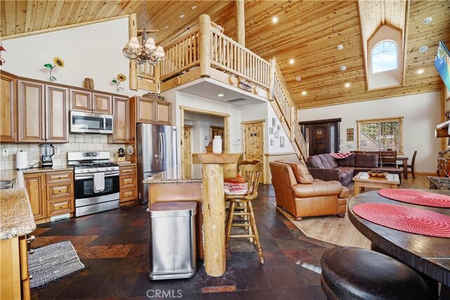 kitchen with a notable chandelier, high vaulted ceiling, backsplash, appliances with stainless steel finishes, and wooden ceiling