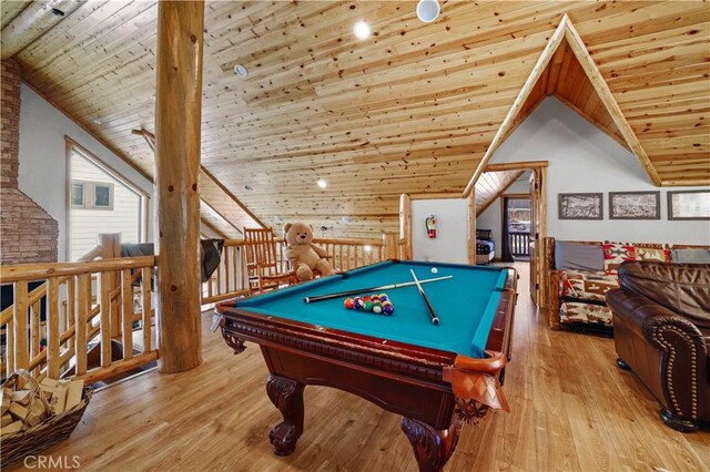 rec room featuring lofted ceiling, billiards, light hardwood / wood-style floors, and wooden ceiling