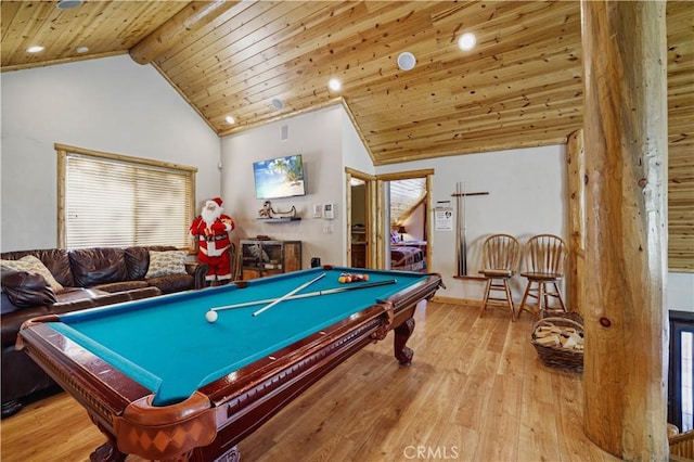 game room with light hardwood / wood-style floors, beamed ceiling, wood ceiling, high vaulted ceiling, and pool table