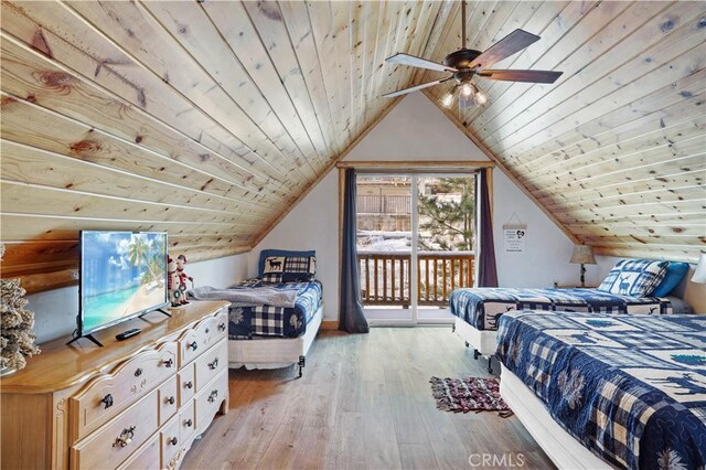 bedroom with lofted ceiling, access to exterior, ceiling fan, light wood-type flooring, and wood ceiling